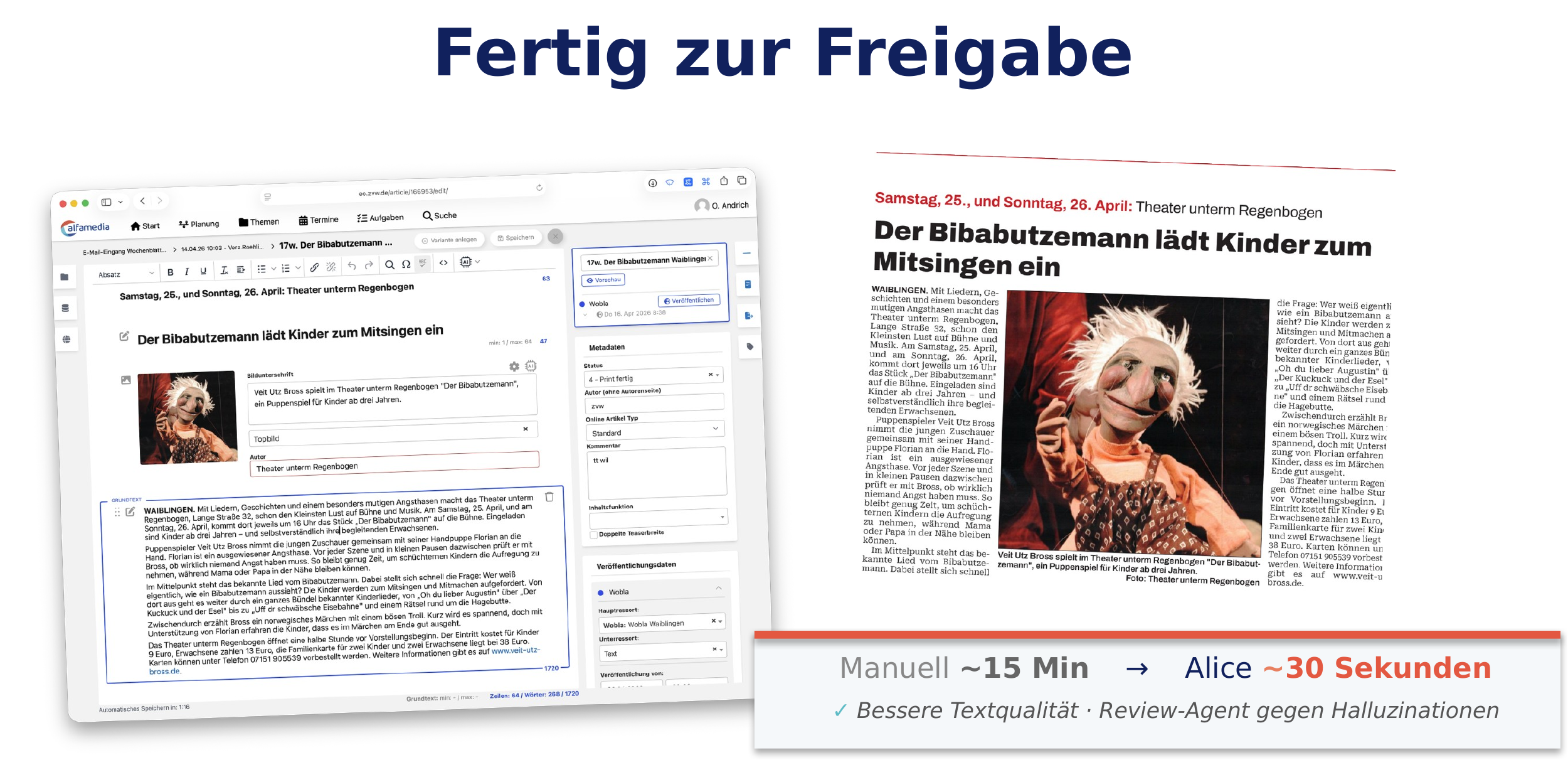 Screenshot aus dem EditorialOrganiser zeigt einen fertig aufbereiteten Artikel – Bearbeitungszeit mit Alice: rund 30 Sekunden statt 15 Minuten manuell.